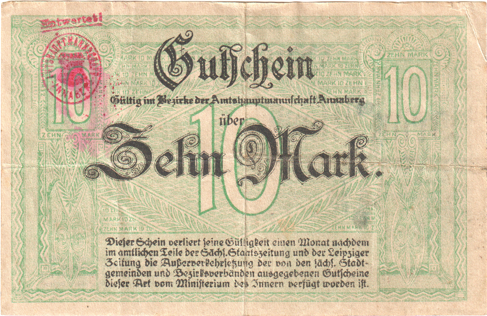 Niemcy, Annaberg Amtshauptmannschaft, 10 Mark, 1918-11-01, UNC(60-62)
