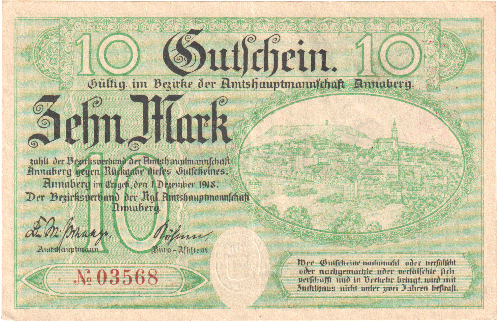 Deutschland, Annaberg Amtshauptmannschaft, 10 Mark, 1918-11-01, VZ+