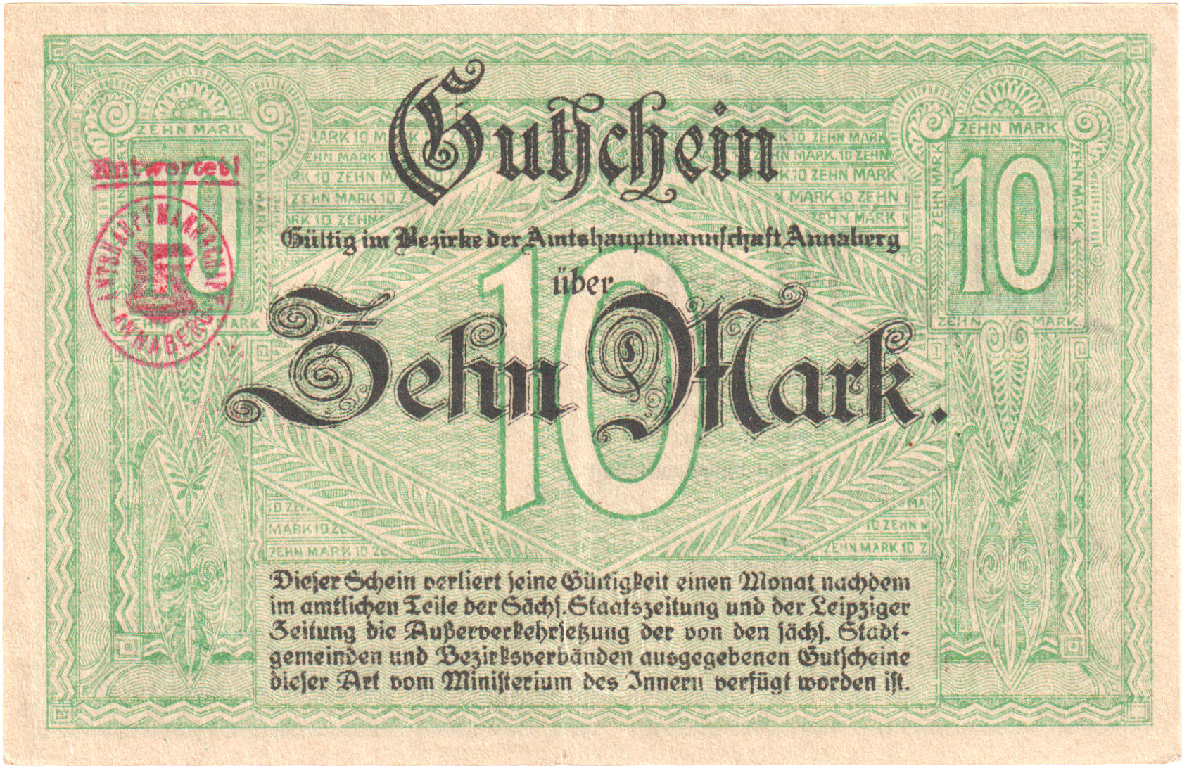 Deutschland, Annaberg Amtshauptmannschaft, 10 Mark, 1918-11-01, VZ+