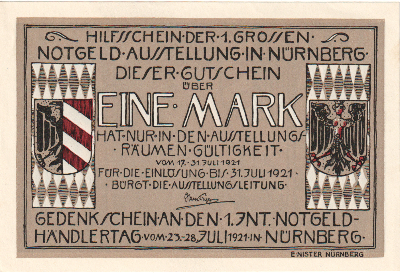 Banconote, Germania, Nürnberg Notgeldausstellung, 1 Mark, personnage, 1921