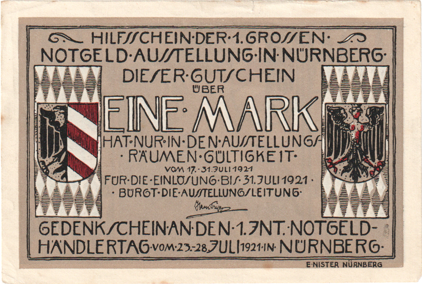 Banknot, Niemcy, Nürnberg Notgeldausstellung, 1 Mark, personnage 1, 1921