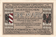 Banknot, Niemcy, Nürnberg Notgeldausstellung, 1 Mark, personnage 1, 1921