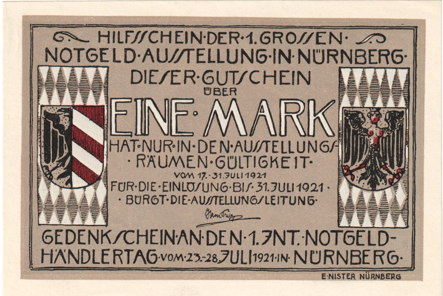 Banconote, Germania, Nürnberg Notgeldausstellung, 1 Mark, tour, 1921