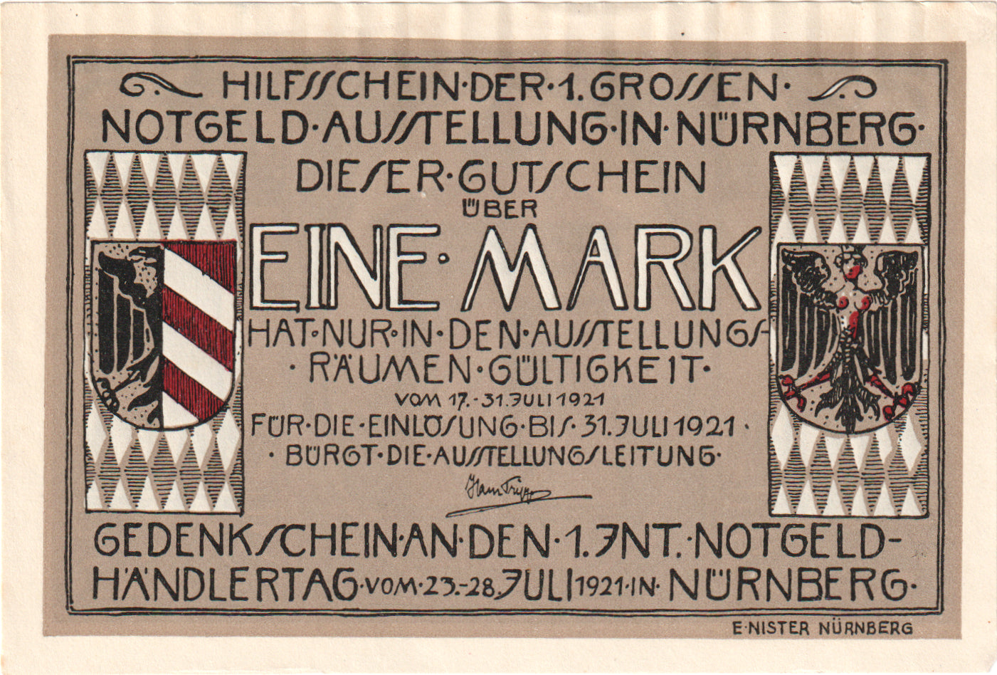 Banknot, Niemcy, Nürnberg Notgeldausstellung, 1 Mark, tour 1, 1921, 1921-07-31