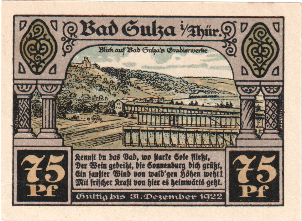 Geldschein, Deutschland, Sulza Bad Stadt, 75 Pfennig, paysage, 1921, 1922-12-31