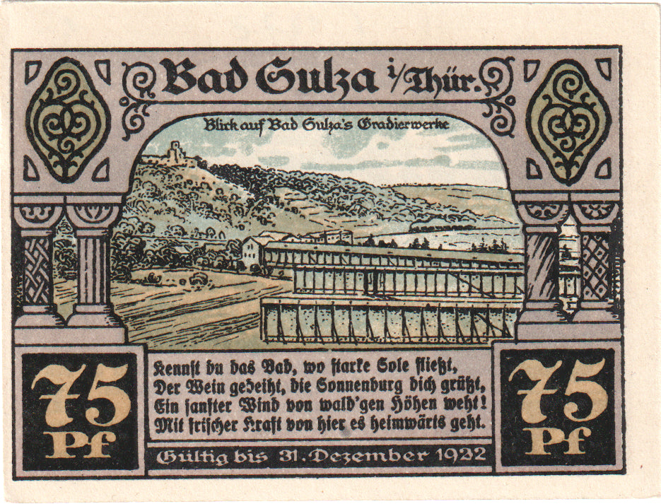 Geldschein, Deutschland, Sulza Bad Stadt, 75 Pfennig, paysage 1, 1921