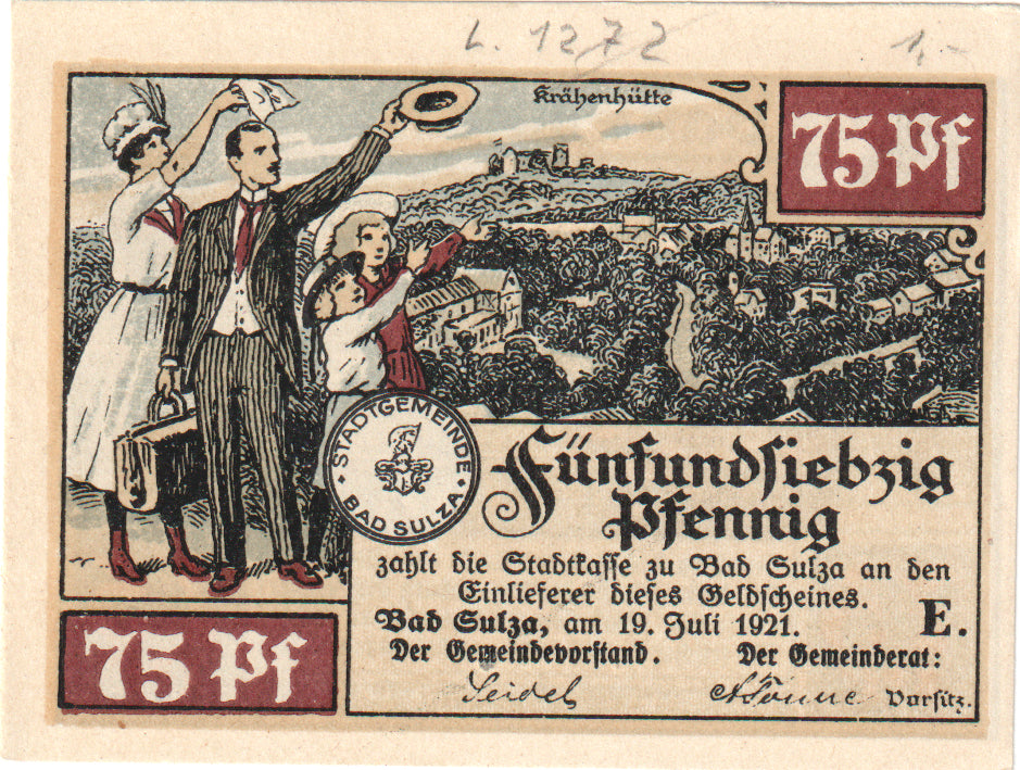 Geldschein, Deutschland, Sulza Bad Stadt, 75 Pfennig, paysage 1, 1921