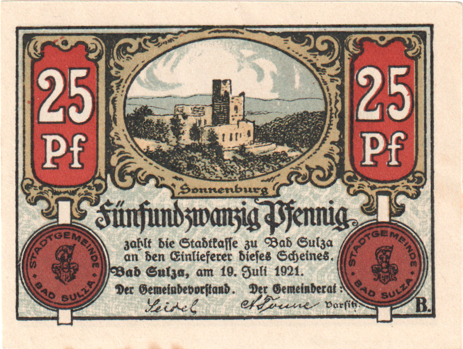 Banknot, Niemcy, Sulza Bad Stadt, 25 Pfennig, personnage 3, 1921, 1922-12-31