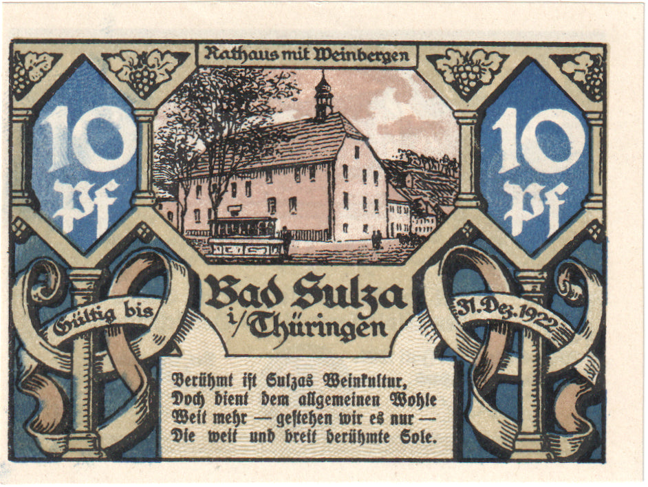 Nota, Alemanha, Sulza Bad Stadt, 10 Pfennig, Batiment, 1921, 1922-12-31
