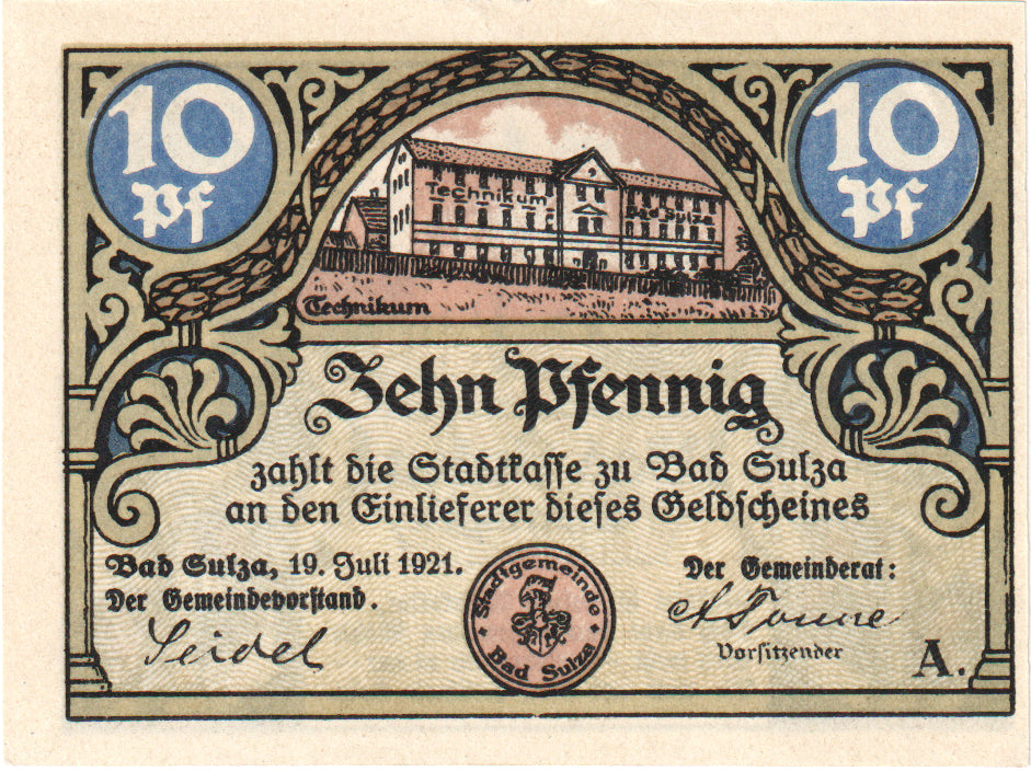 Nota, Alemanha, Sulza Bad Stadt, 10 Pfennig, batiment 1, 1921, 1922-12-31