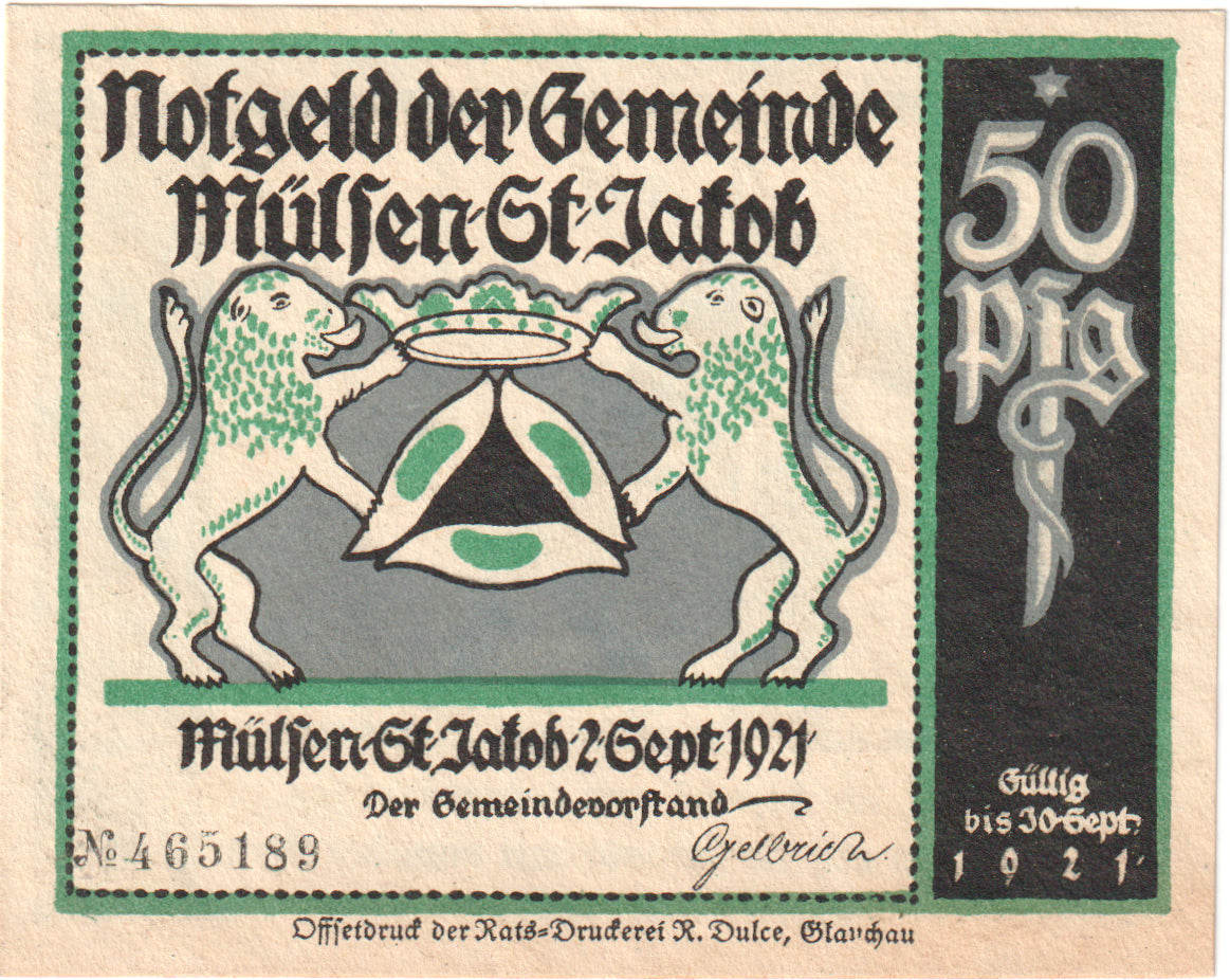Billete, Alemania, Mulsen St Jacob Gemeinde, 50 Pfennig, personnage, 1921