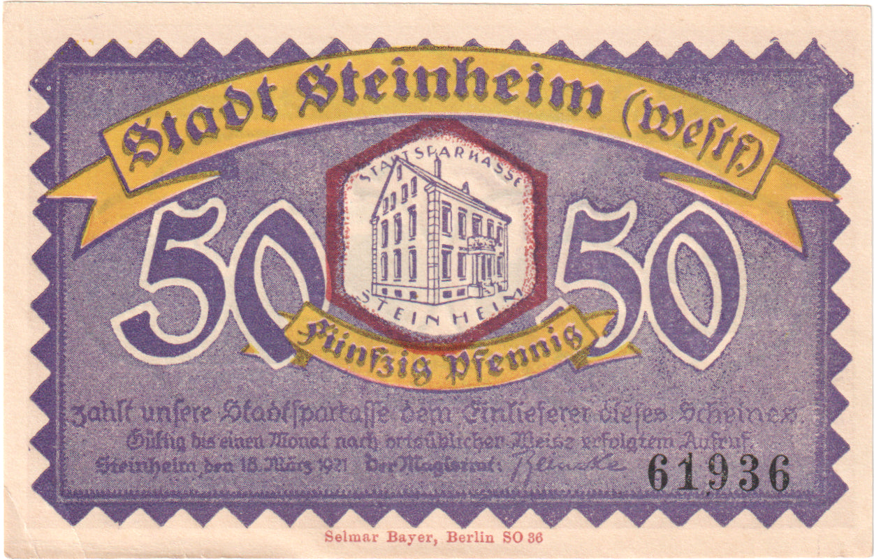 Geldschein, Deutschland, Steinheim Stadt, 50 Pfennig, Maison, 1921, 1921-03-18