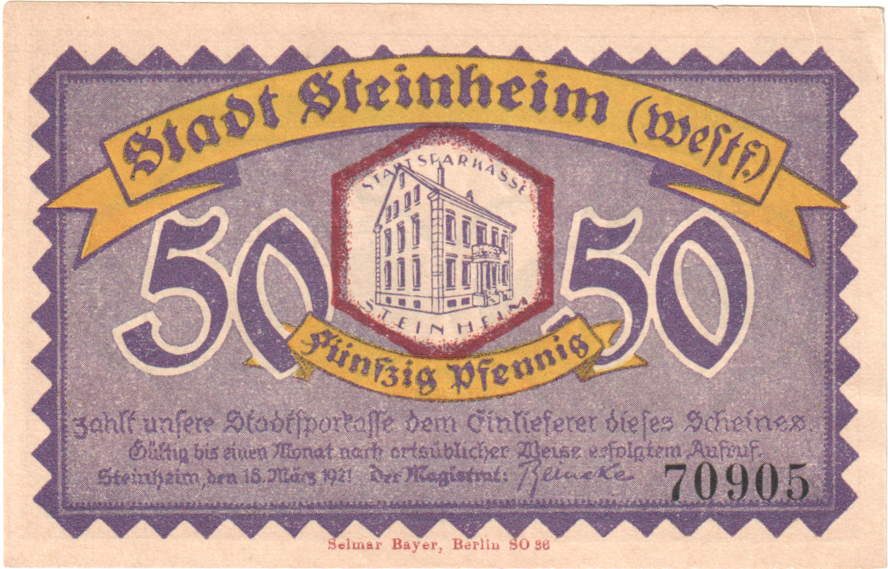Banknot, Niemcy, Steinheim Stadt, 50 Pfennig, maison 1, 1921, 1921-03-18