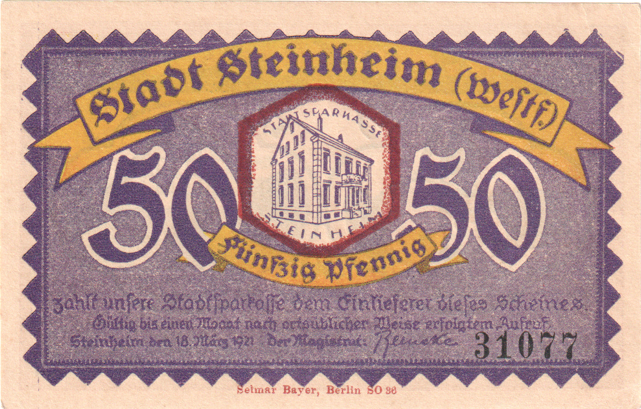 Banknot, Niemcy, Steinheim Stadt, 50 Pfennig, maison 1, 1921, 1921-03-18