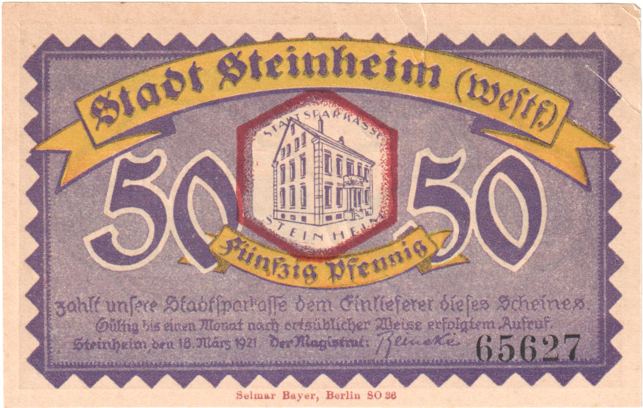 Banknot, Niemcy, Steinheim Stadt, 50 Pfennig, maison 2, 1921, 1921-03-18