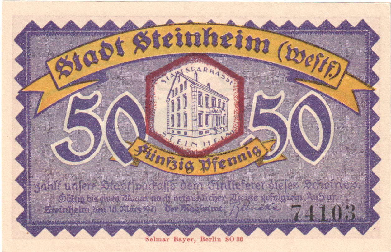 Banknot, Niemcy, Steinheim Stadt, 50 Pfennig, maison 3, 1921, 1921-03-18