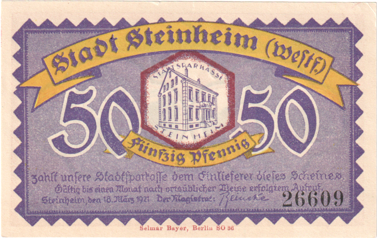 Geldschein, Deutschland, Steinheim Stadt, 50 Pfennig, Maison 4, 1921