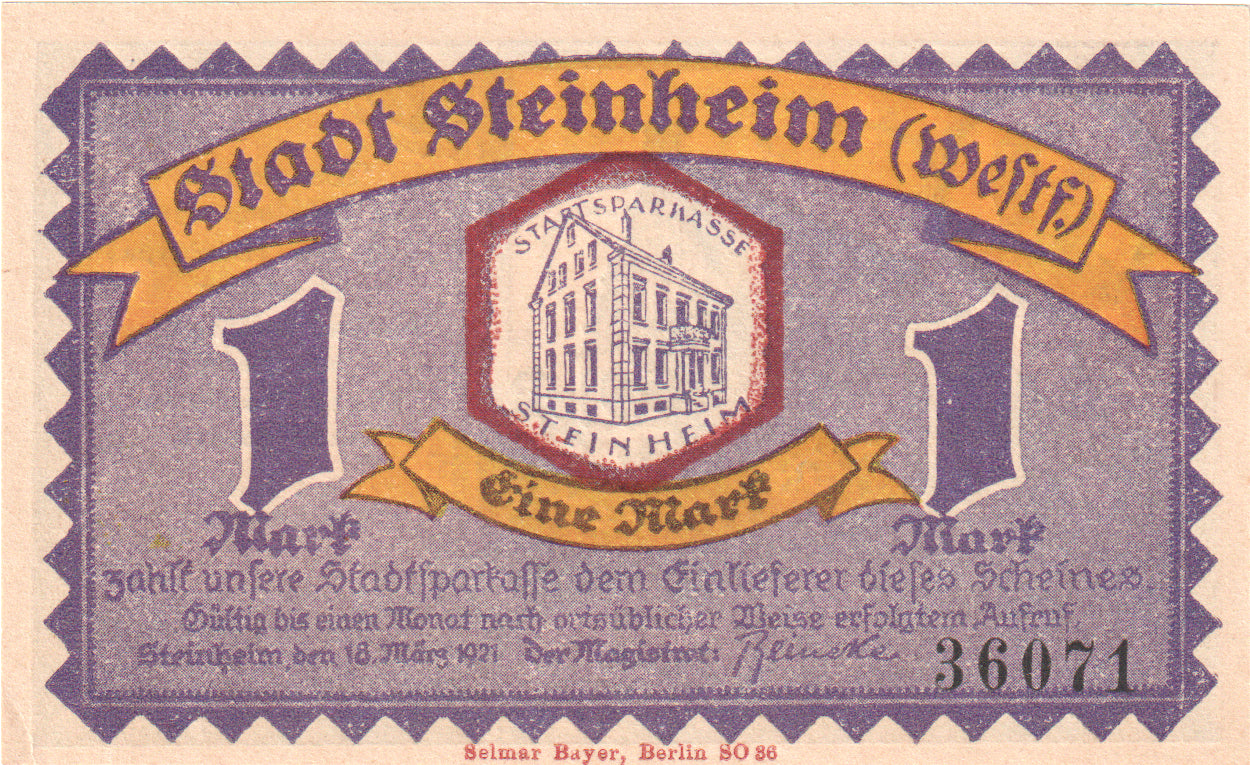 Banknot, Niemcy, Steinheim Stadt, 1 Mark, Maison, 1921, 1921-03-18, UNC(60-62)