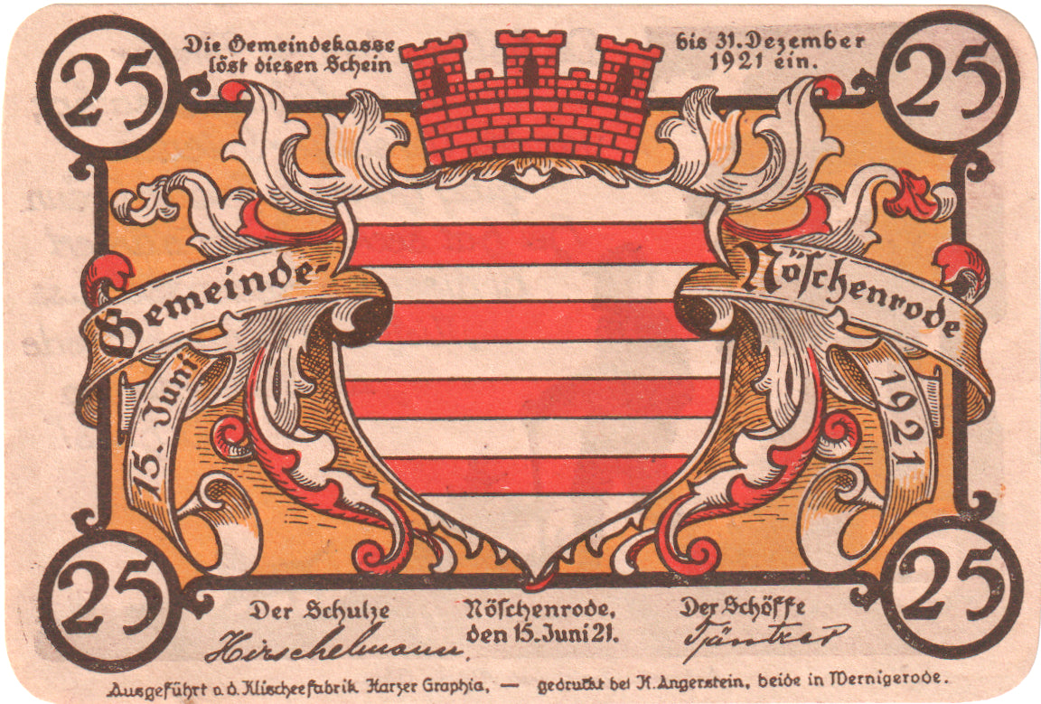 Geldschein, Deutschland, Noschenrode Gemeinde, 25 Pfennig, personnage, 1921
