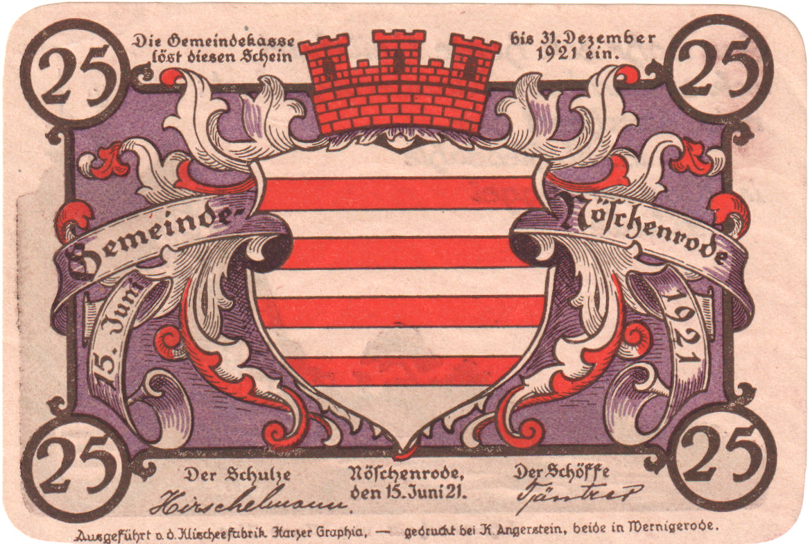 Geldschein, Deutschland, Noschenrode Gemeinde, 25 Pfennig, personnage 1, 1921