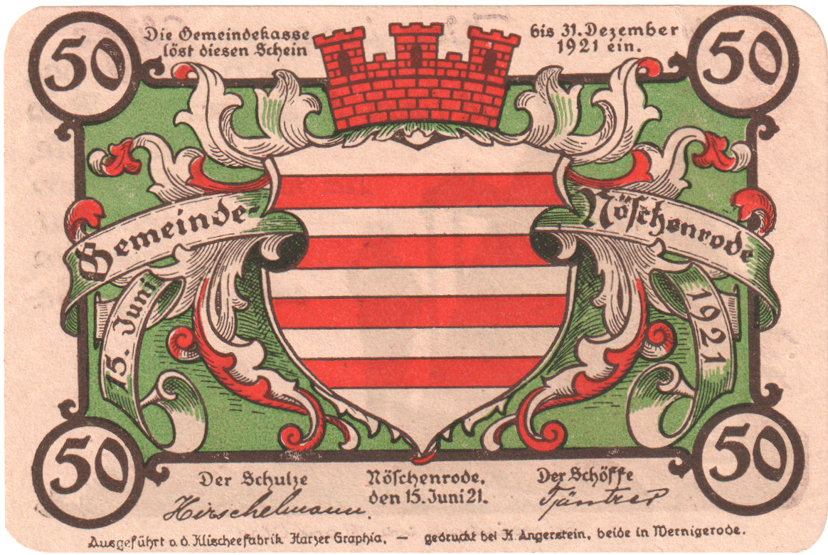 Geldschein, Deutschland, Noschenrode Gemeinde, 50 Pfennig, personnage, 1921