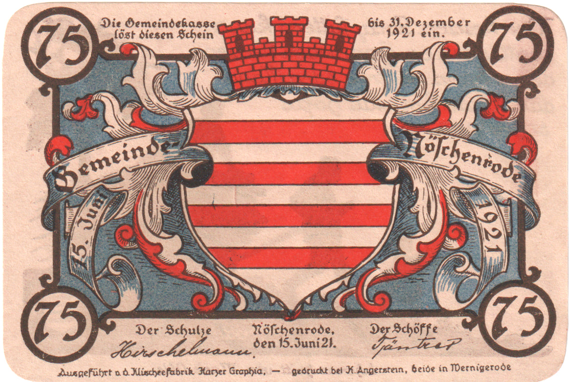 Geldschein, Deutschland, Noschenrode Gemeinde, 75 Pfennig, personnage, 1921