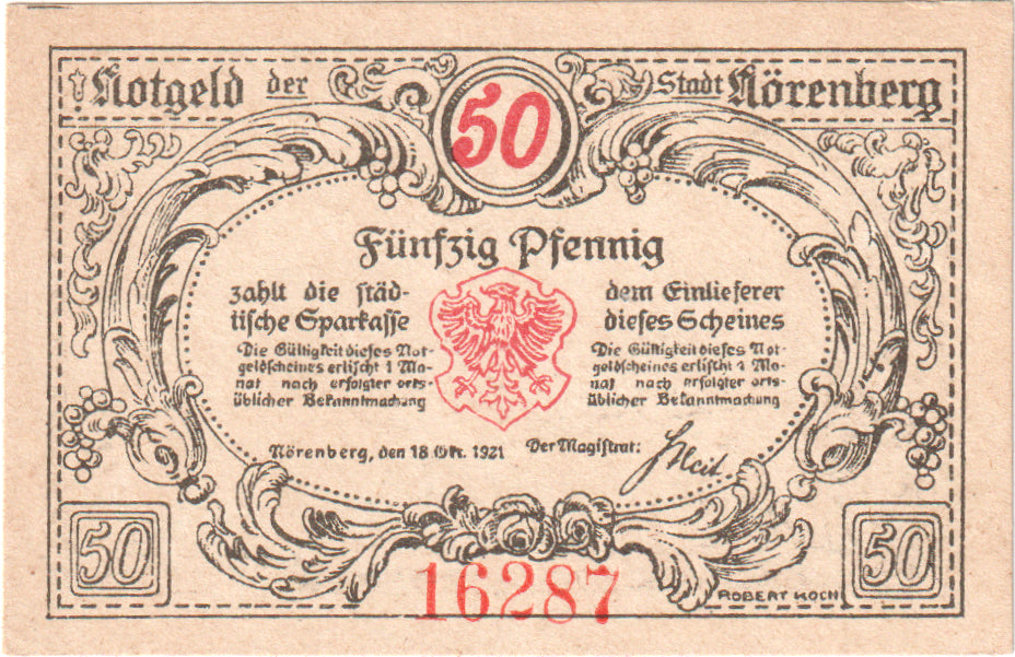 Geldschein, Deutschland, Norenberg Stadt, 50 Pfennig, animaux 2, 1920
