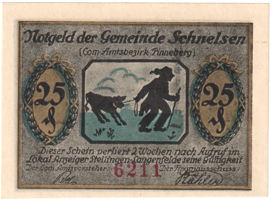 Nota, Alemanha, Schnelsen Gemeinde, 25 Pfennig, rue, UNC(60-62), Mehl:1192.1