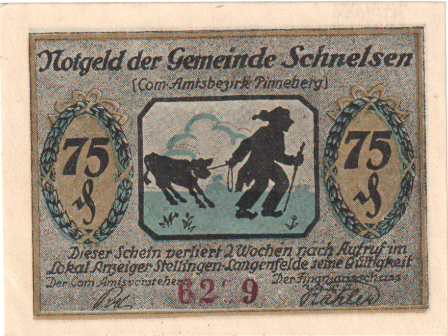 Nota, Alemanha, Schnelsen Gemeinde, 75 Pfennig, Maison, UNC(60-62), Mehl:1192.1