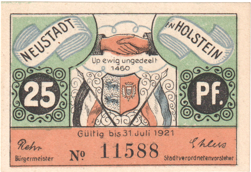 Nota, Alemanha, Neustadt i. Holstein Stadt, 25 Pfennig, Ecusson, O.D