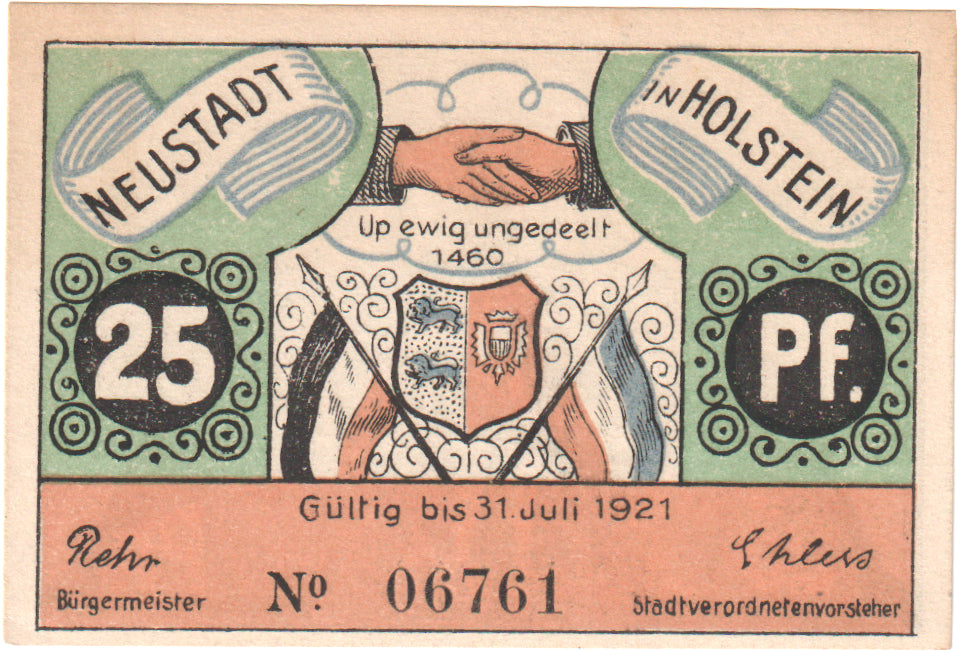 Nota, Alemanha, Neustadt i. Holstein Stadt, 25 Pfennig, Ecusson 1, O.D