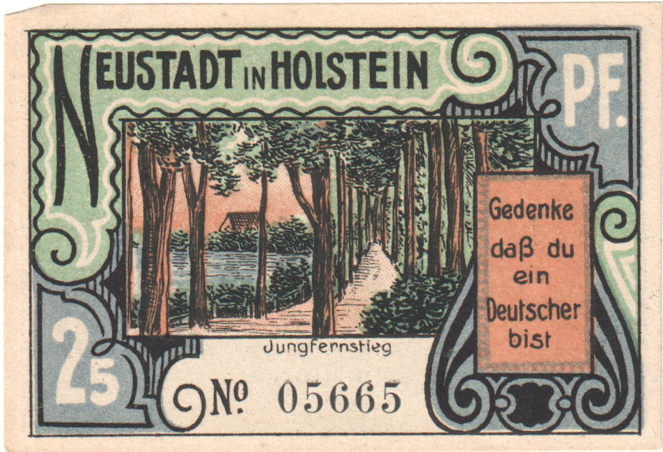 Nota, Alemanha, Neustadt i. Holstein Stadt, 25 Pfennig, Foret, O.D, 1921-07-31