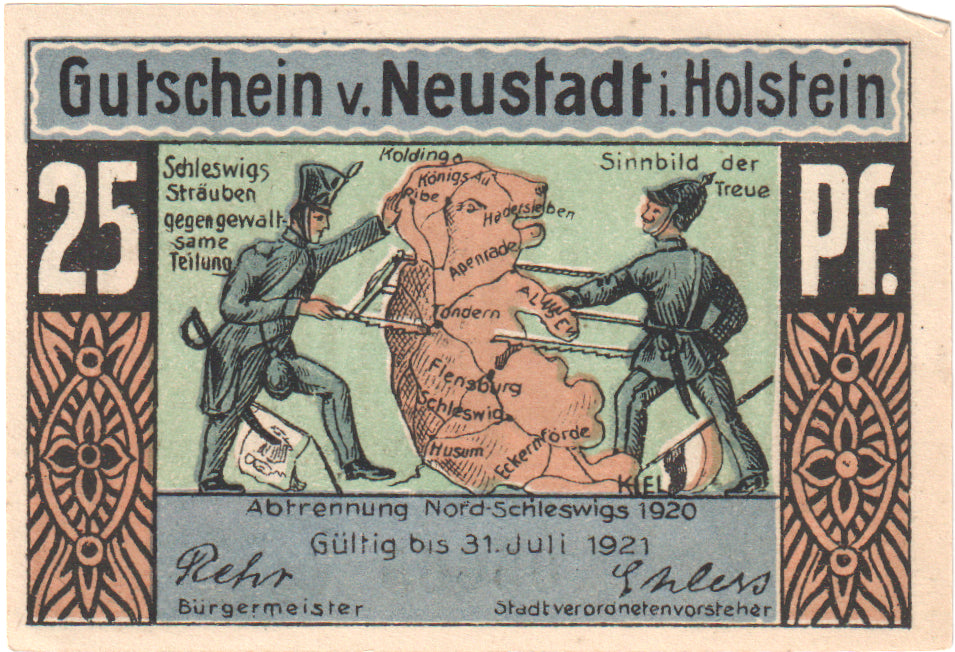 Nota, Alemanha, Neustadt i. Holstein Stadt, 25 Pfennig, Foret, O.D, 1921-07-31