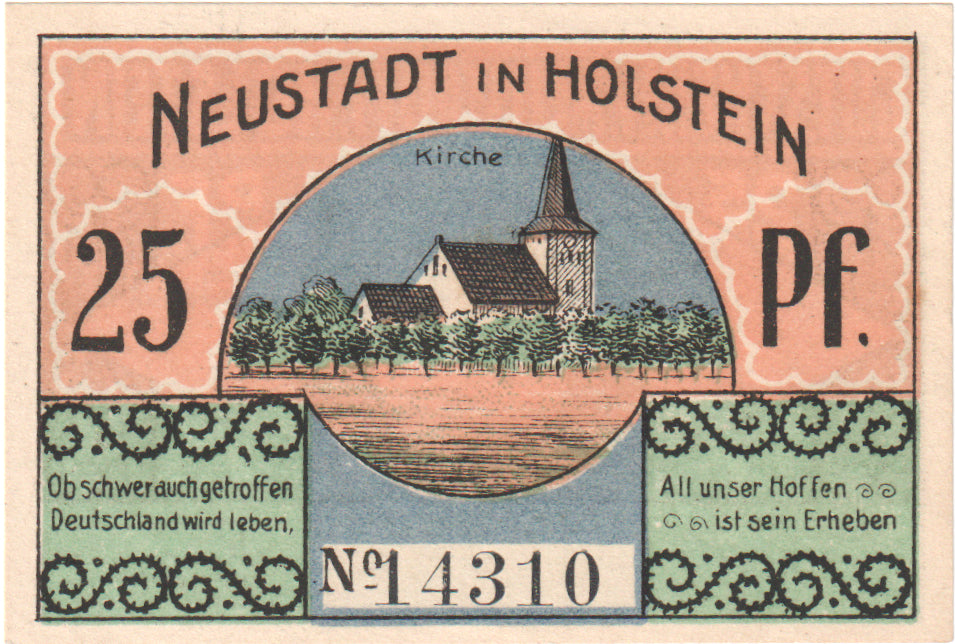 Banconote, Germania, Neustadt i. Holstein Stadt, 25 Pfennig, forêt 1, O.D