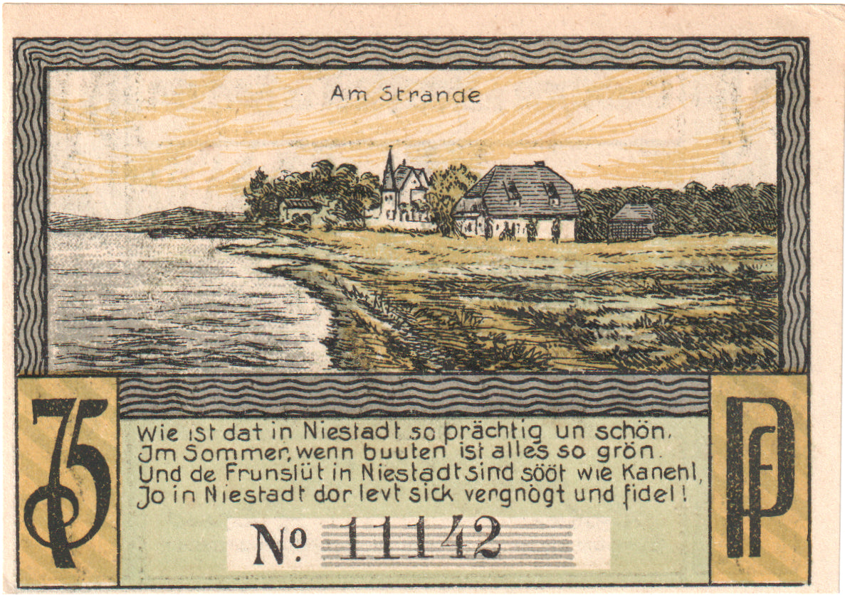 Nota, Alemanha, Neustadt i. Holstein Stadt, 75 Pfennig, village, O.D