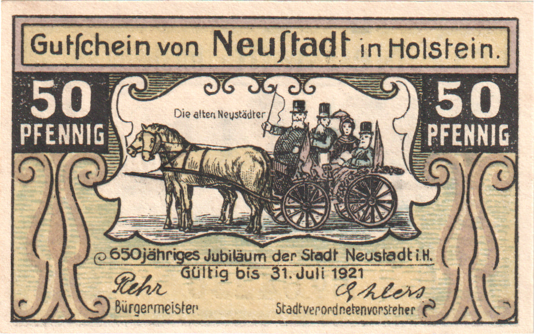 Nota, Alemanha, Neustadt i. Holstein Stadt, 50 Pfennig, bateau, O.D, 1921-07-31