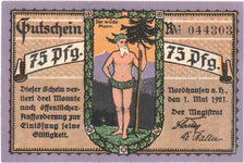Banconote, Germania, Nordhausen, 75 Pfennig, forêt 1, 1921, 1921-05-01, SPL