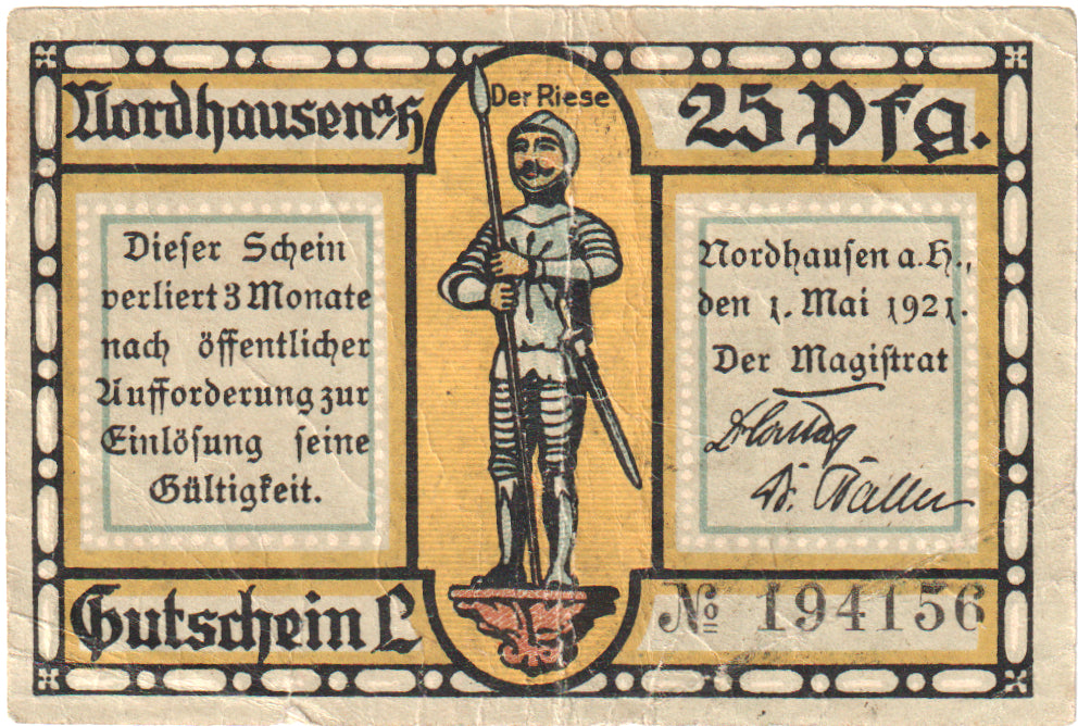 Nota, Alemanha, Nordhausen Stadt, 25 Pfennig, batiment 1, 1921, 1921-05-01