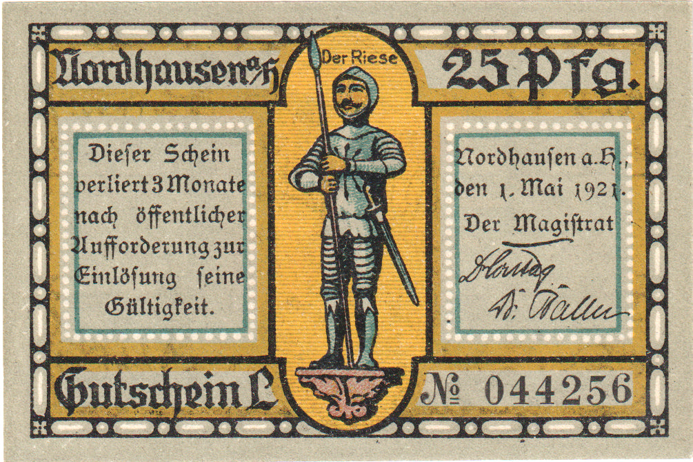 Nota, Alemanha, Nordhausen Stadt, 25 Pfennig, batiment 2, 1921, 1921-05-01