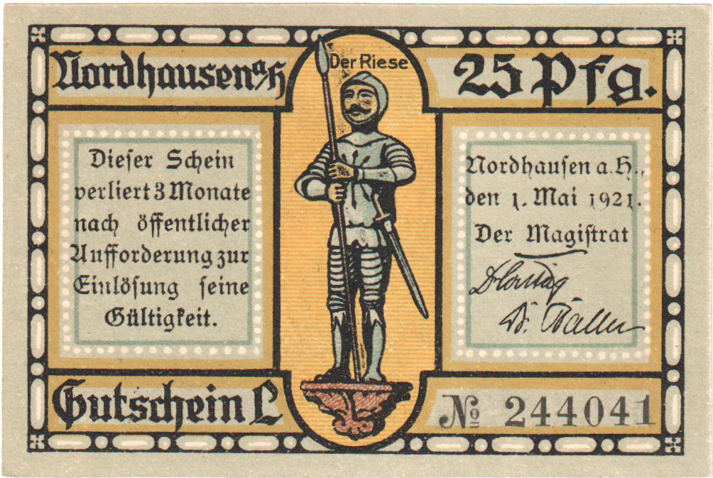Nota, Alemanha, Nordhausen Stadt, 25 Pfennig, batiment 3, 1921, 1921-05-01