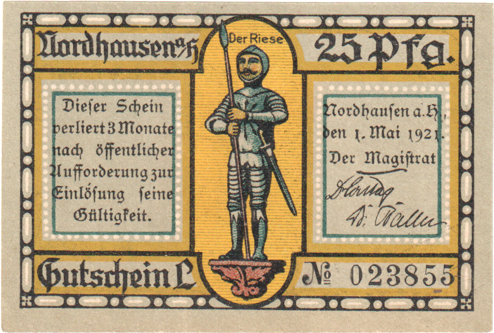 Nota, Alemanha, Nordhausen Stadt, 25 Pfennig, Batiment 4, 1921, 1921-05-01