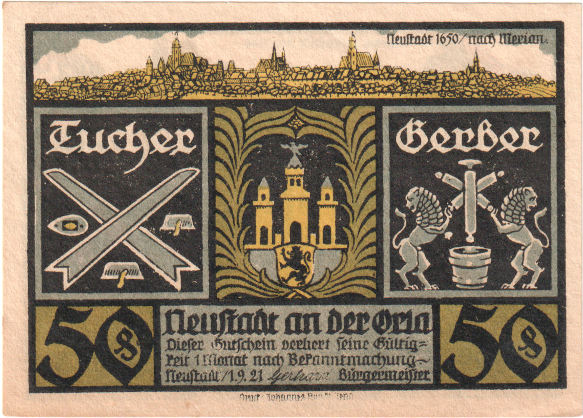 Banknot, Niemcy, Neustadt a.d Orla Stadt, 50 Pfennig, personnage, 1921
