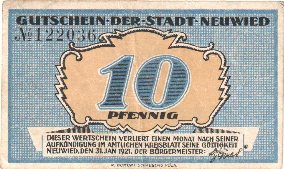 Banknot, Niemcy, Neuwied Stadt, 10 Pfennig, personnage, 1918, 1918-10-31