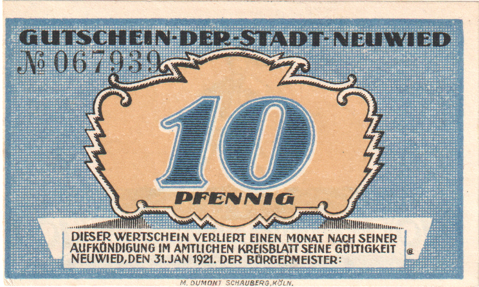 Banknot, Niemcy, Neuwied Stadt, 10 Pfennig, personnage 1, 1918, 1918-10-31