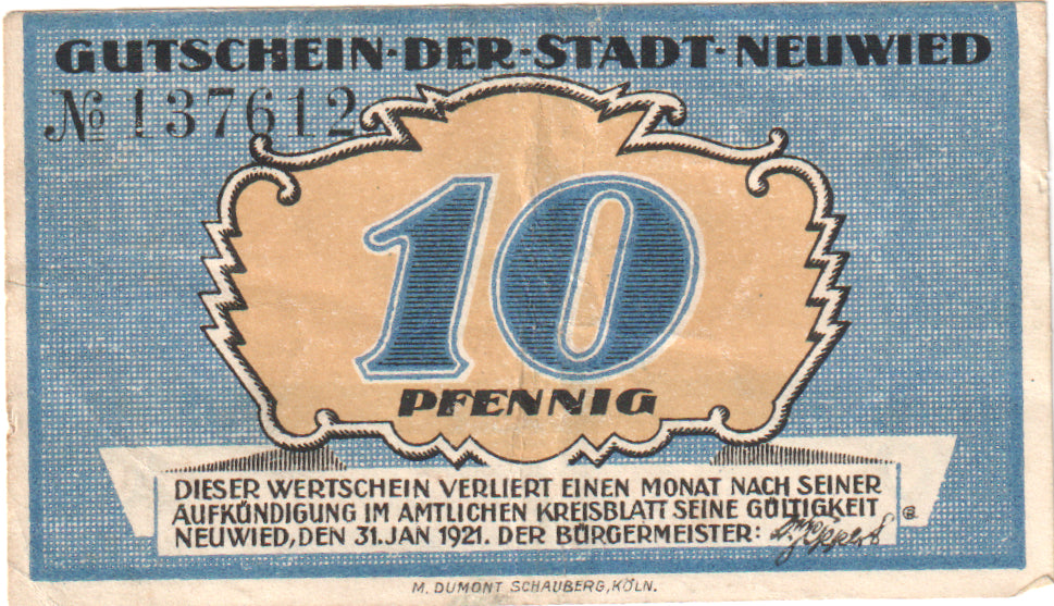 Banknot, Niemcy, Neuwied Stadt, 10 Pfennig, personnage 2, 1918, 1918-10-31