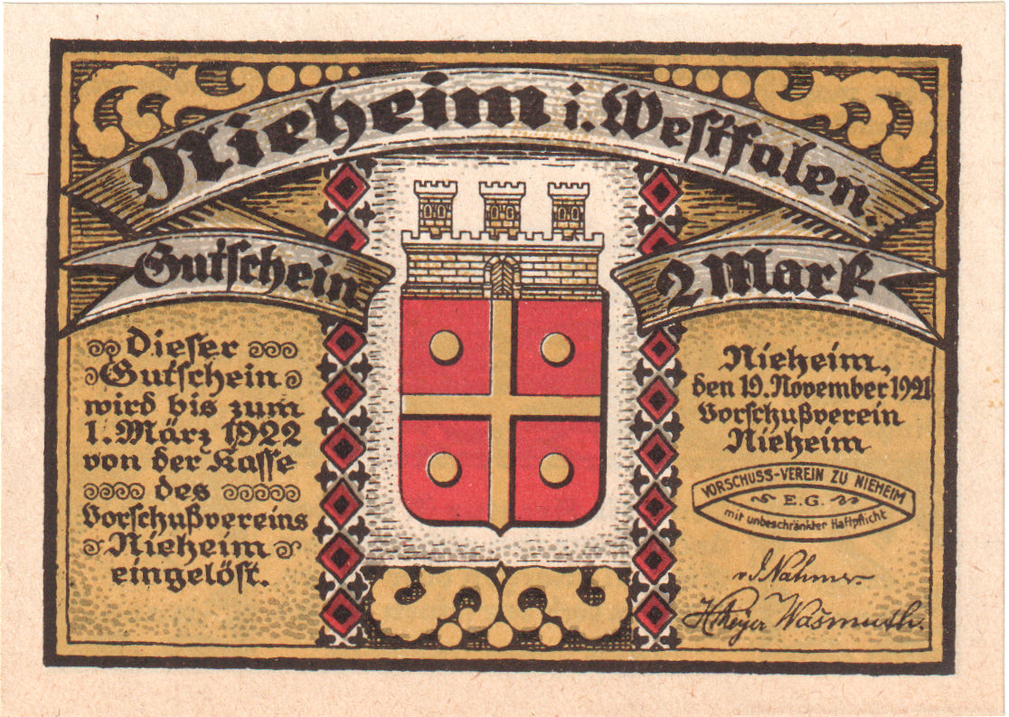 Geldschein, Deutschland, Nieheim, 2 Mark, Blason 1, 1922, 1922-03-01, UNZ-
