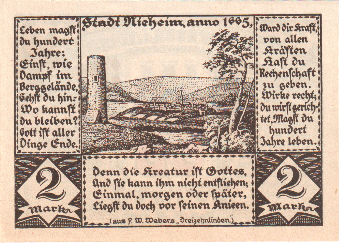 Geldschein, Deutschland, Nieheim, 2 Mark, Blason 2, 1922, 1922-03-01, UNZ-
