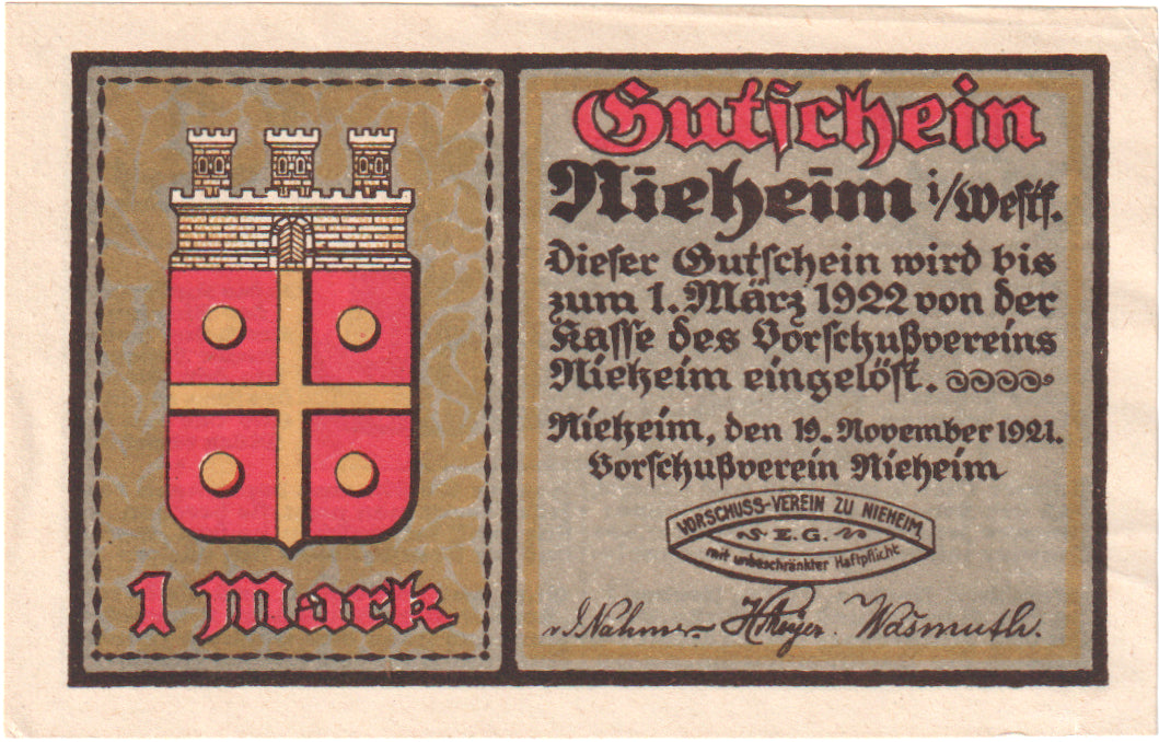 Geldschein, Deutschland, Nieheim, 1 Mark, Blason, 1922, 1922-03-01, UNZ-