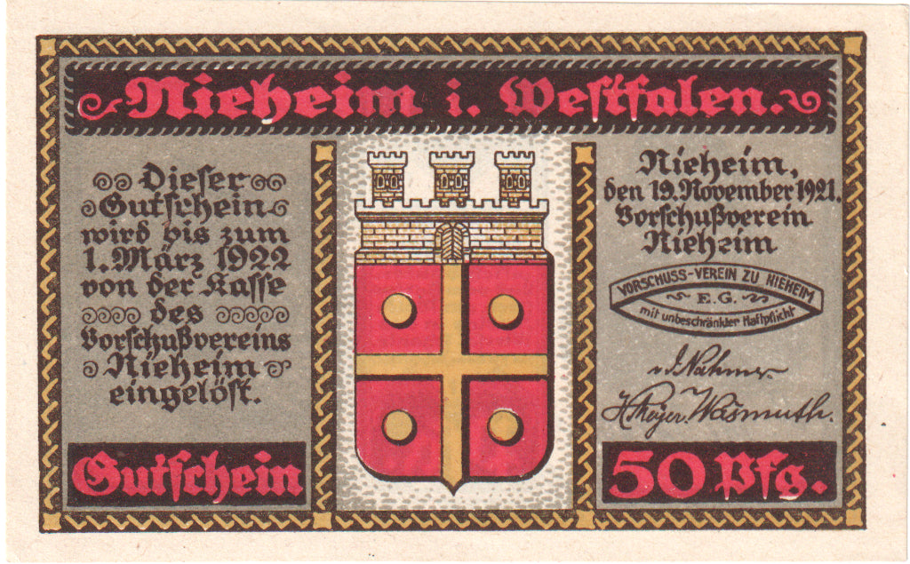 Geldschein, Deutschland, Nieheim, 50 Pfennig, paysage, 1921, 1921-11-19, UNZ