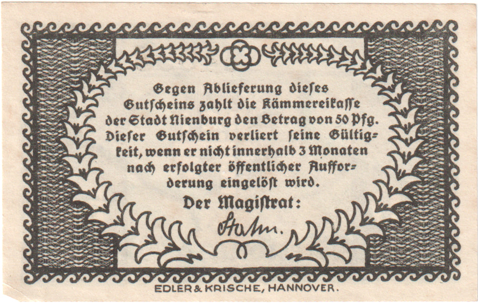Banknot, Niemcy, Nienburg, 50 Pfennig, Blason, UNC(60-62), Mehl:N46.3a